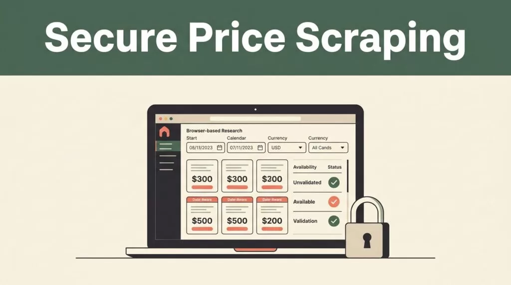 Laptop dashboard shows rental prices, dates, availability, and a padlock.