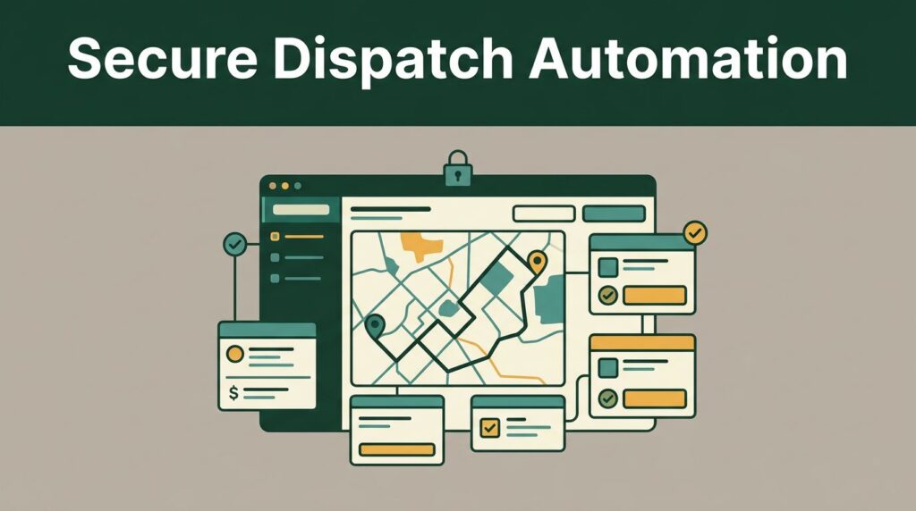 Dispatch dashboard showing a route map, job cards, checkmarks, and a lock symbol.