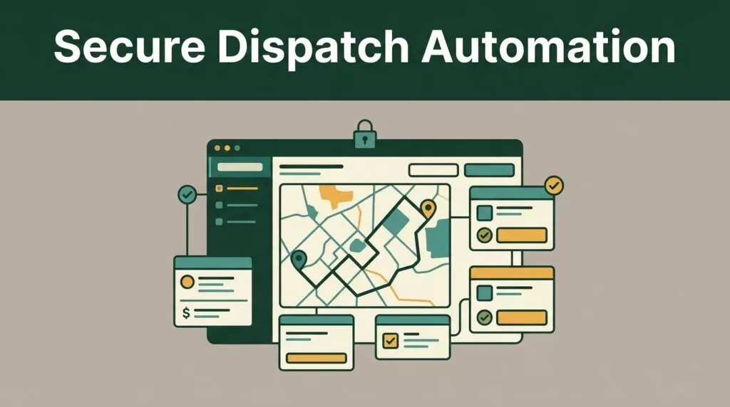 Dispatch dashboard showing a route map, job cards, checkmarks, and a lock symbol.