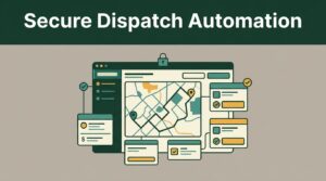 Dispatch dashboard showing a route map, job cards, checkmarks, and a lock symbol.
