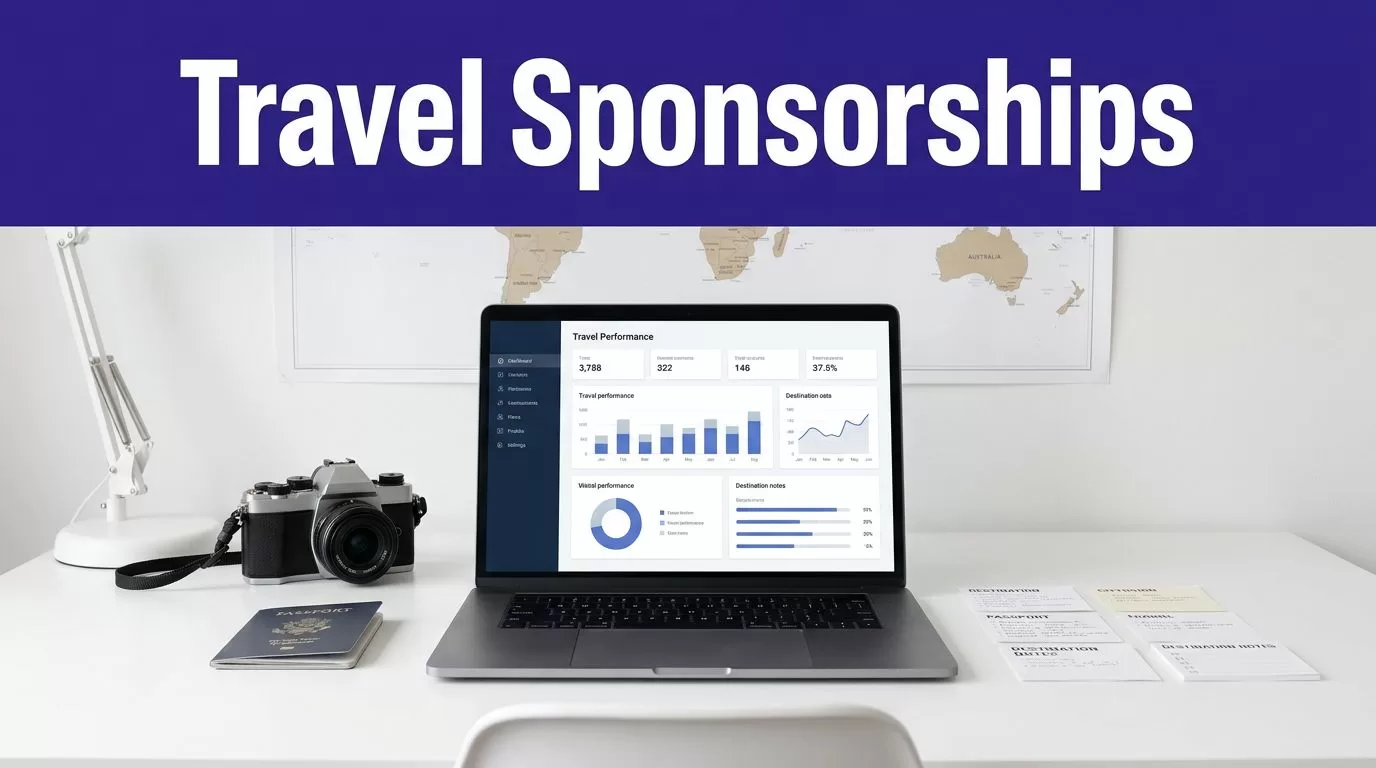 A laptop, camera, passport, and travel notes arranged beneath a Travel Sponsorships banner.