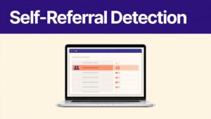 Laptop showing an affiliate dashboard with one referral flagged for review.