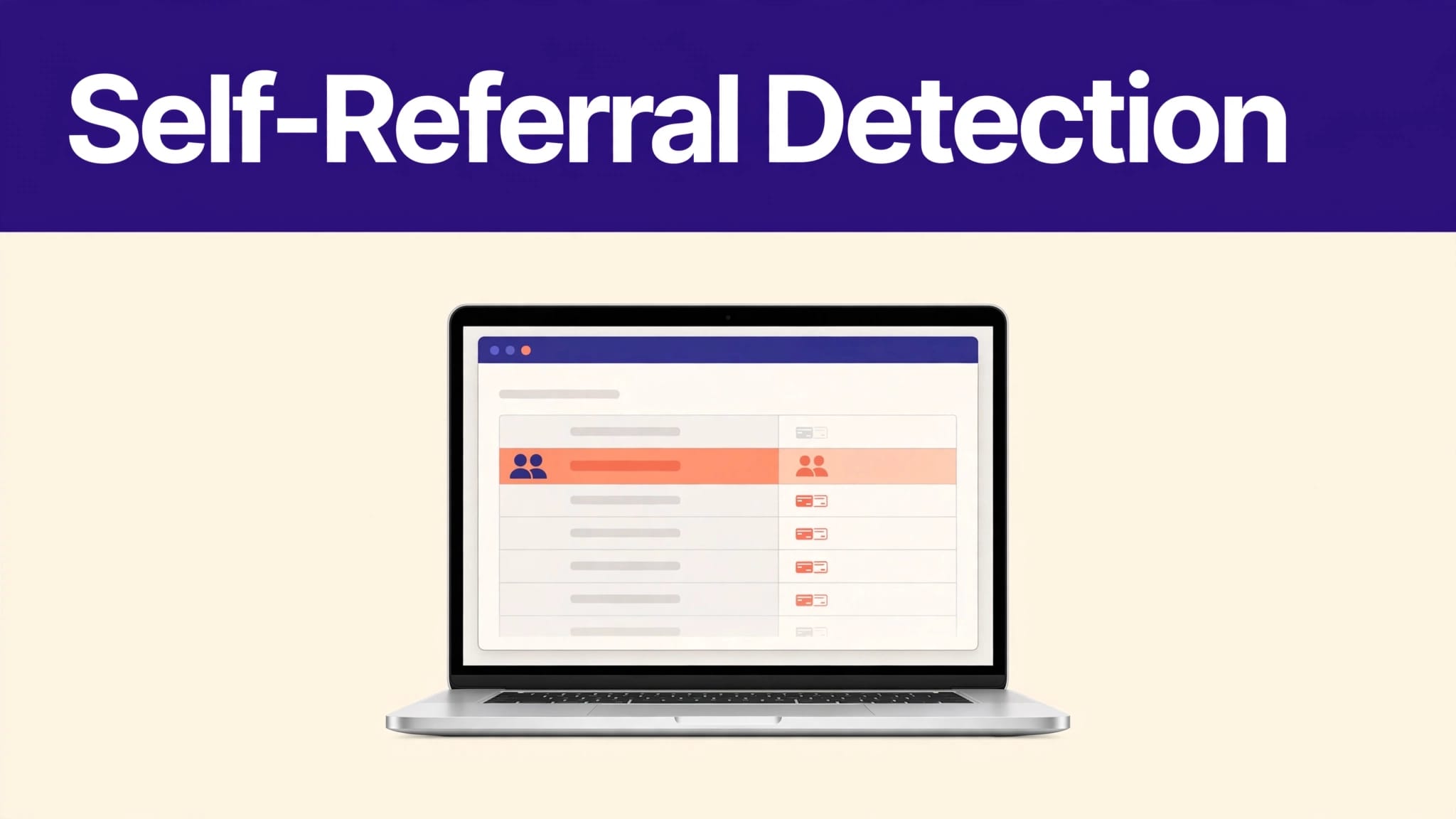 Laptop showing an affiliate dashboard with one referral flagged for review.