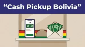 A smartphone and cash envelope sit on a modern counter beneath a blue Bolivia headline.