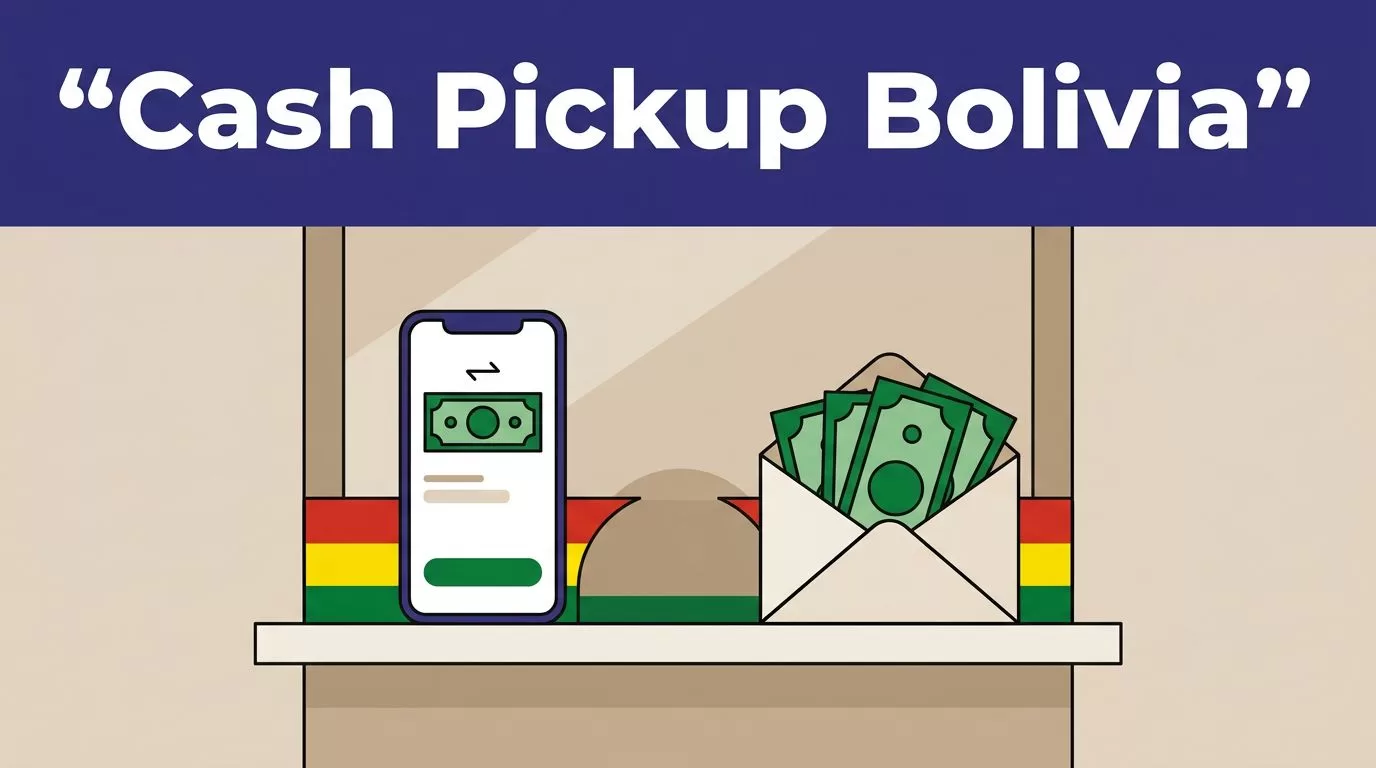 A smartphone and cash envelope sit on a modern counter beneath a blue Bolivia headline.