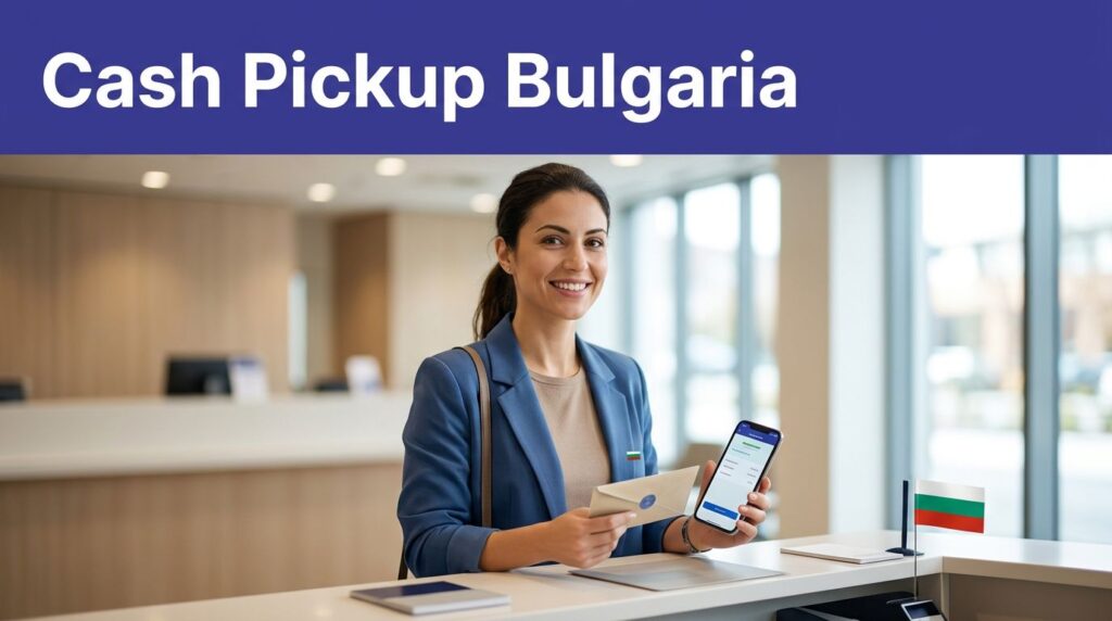 A Bulgarian woman holds a phone and cash envelope at a pickup counter.