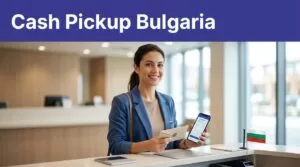 A Bulgarian woman holds a phone and cash envelope at a pickup counter.