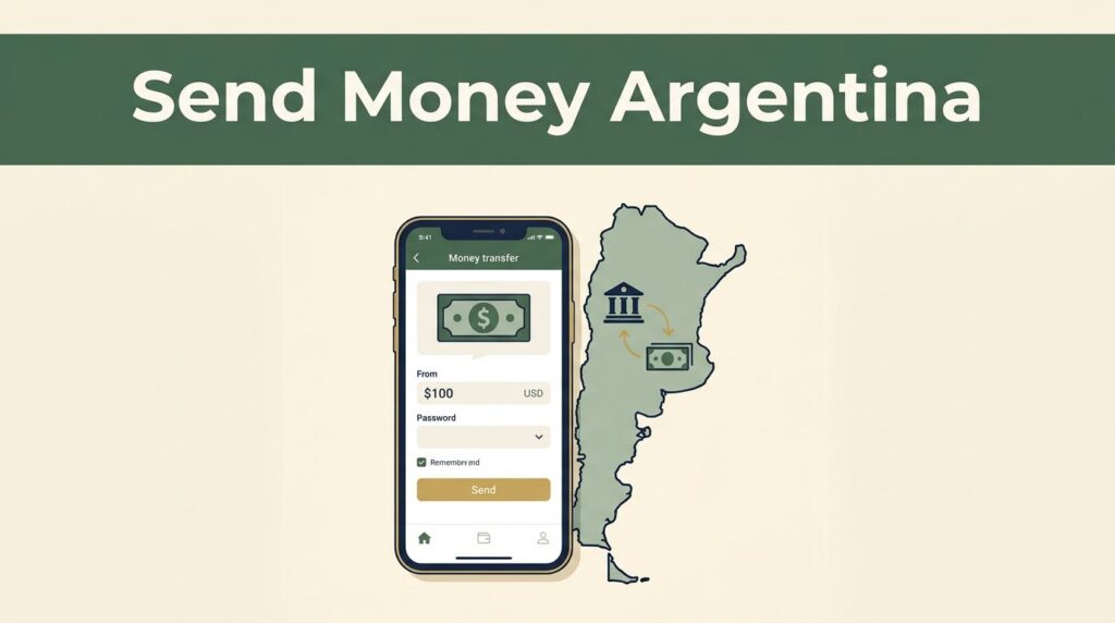 A smartphone and Argentina map illustrate digital money transfers and cash pickup options.