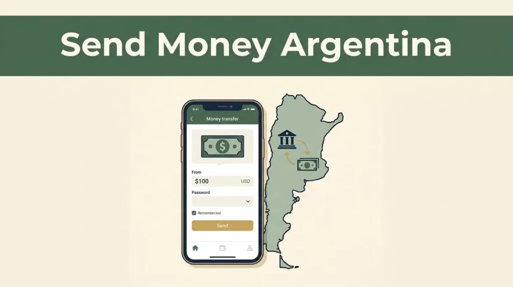 A smartphone and Argentina map illustrate digital money transfers and cash pickup options.