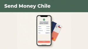 A smartphone showing a transfer confirmation beside a Chilean bank card.