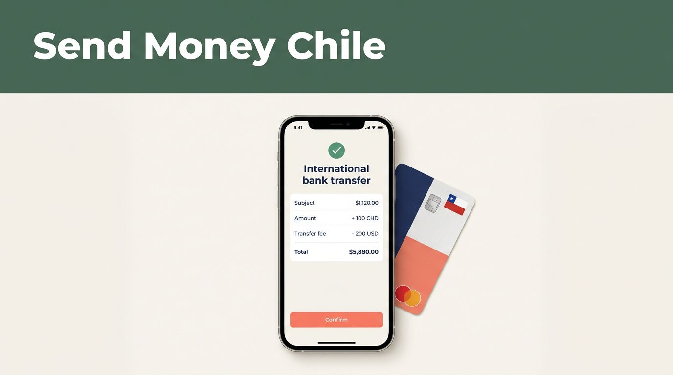 A smartphone showing a transfer confirmation beside a Chilean bank card.