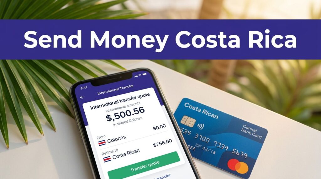 A smartphone with a transfer quote beside a Costa Rican bank card and palm leaves.