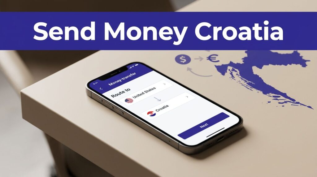 A smartphone shows a money transfer route from the United States to Croatia.