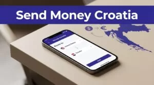 A smartphone shows a money transfer route from the United States to Croatia.