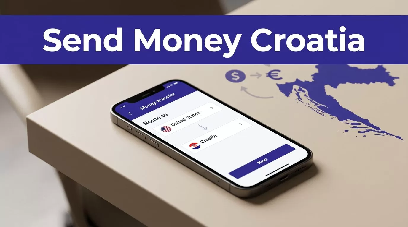 A smartphone shows a money transfer route from the United States to Croatia.