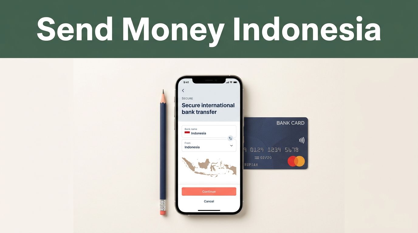 A smartphone and Indonesian rupiah bank card arranged for an international transfer guide.
