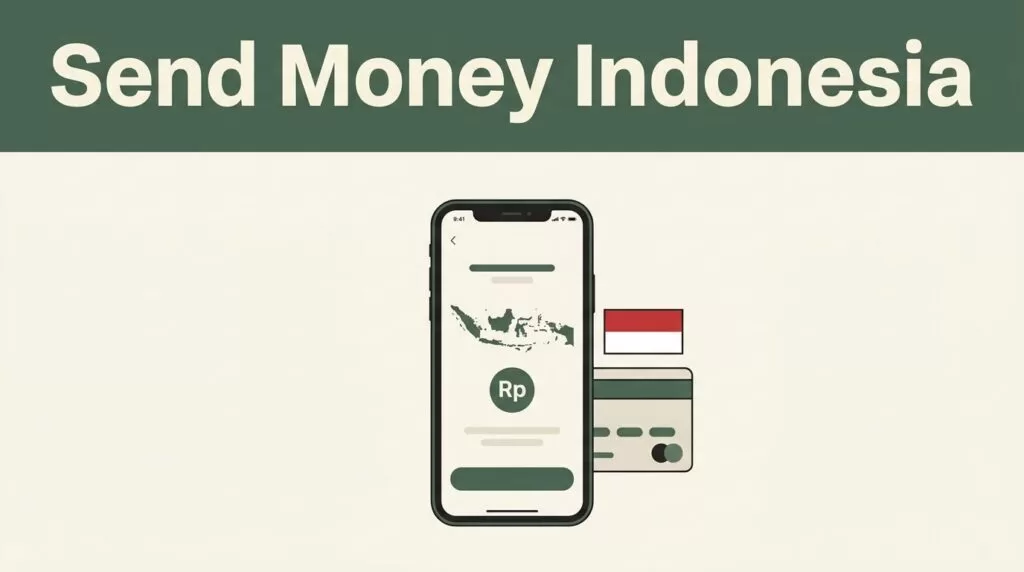 Smartphone showing an Indonesia transfer screen beside a bank card.