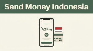 Smartphone showing an Indonesia transfer screen beside a bank card.
