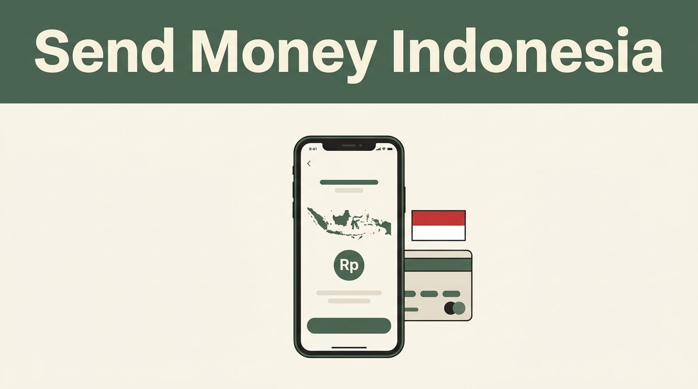Smartphone showing an Indonesia transfer screen beside a bank card.