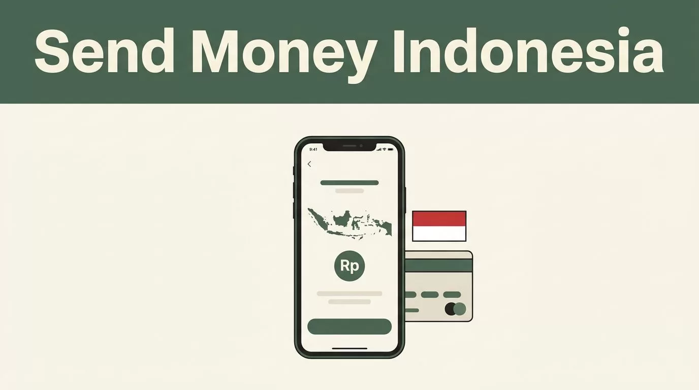 Smartphone showing an Indonesia transfer screen beside a bank card.