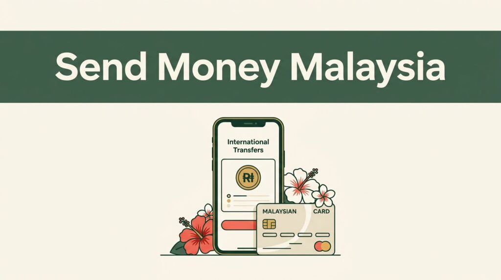 A smartphone transfer screen sits beside a Malaysian bank card and hibiscus accent.