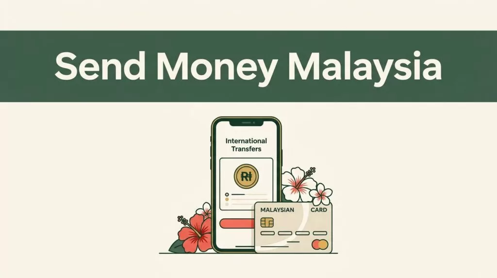 A smartphone transfer screen sits beside a Malaysian bank card and hibiscus accent.