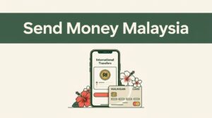 A smartphone transfer screen sits beside a Malaysian bank card and hibiscus accent.
