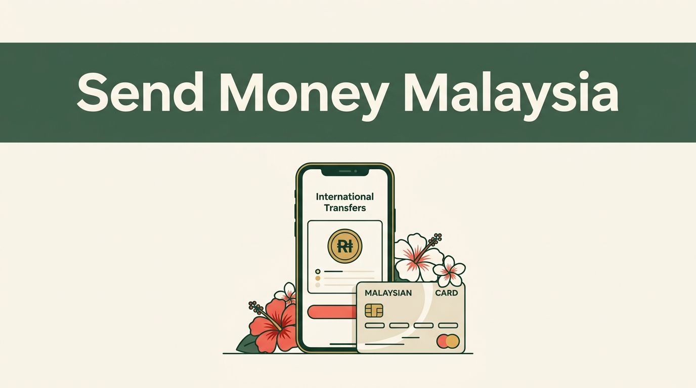 A smartphone transfer screen sits beside a Malaysian bank card and hibiscus accent.