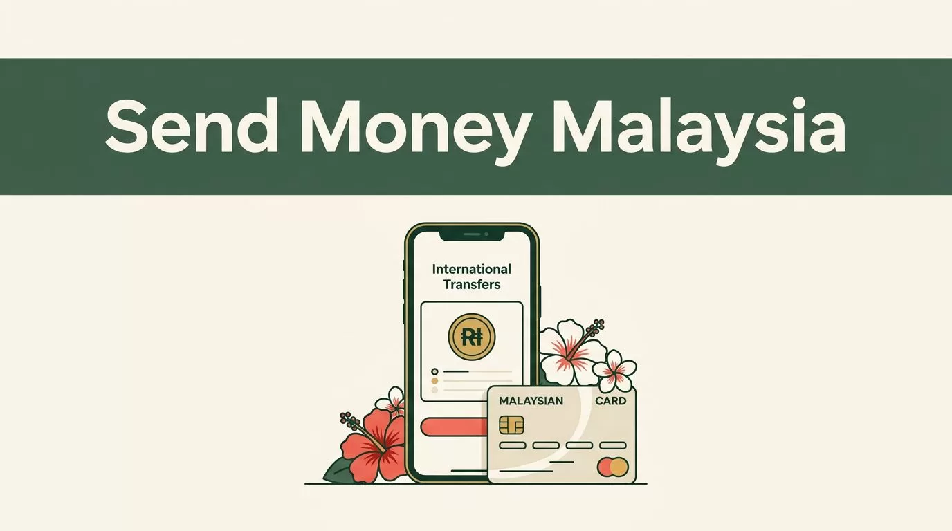 A smartphone transfer screen sits beside a Malaysian bank card and hibiscus accent.