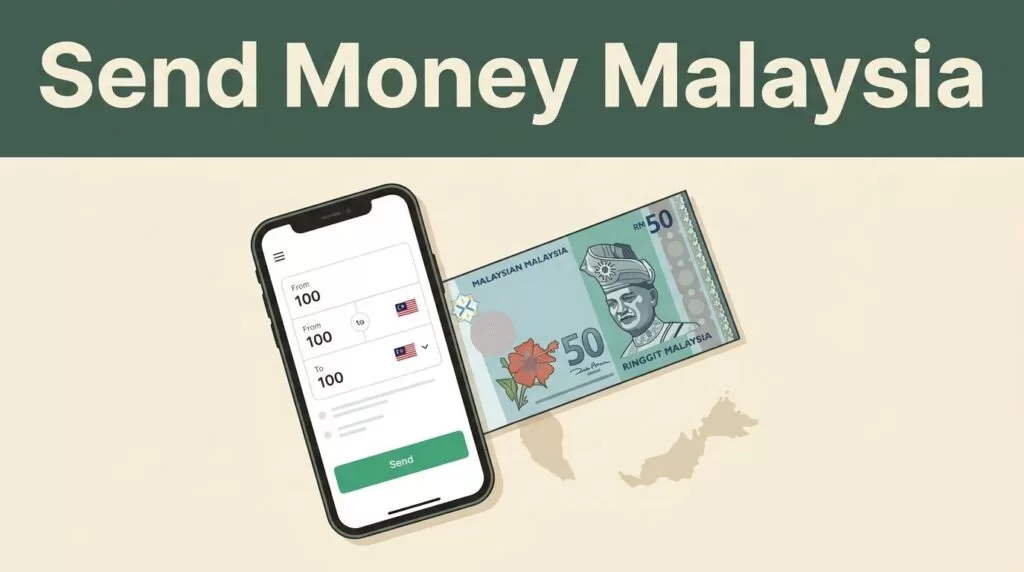 Smartphone displaying a money transfer screen beside Malaysian currency and a map on a cream background.