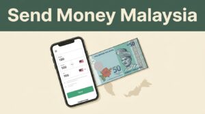 Smartphone displaying a money transfer screen beside Malaysian currency and a map on a cream background.