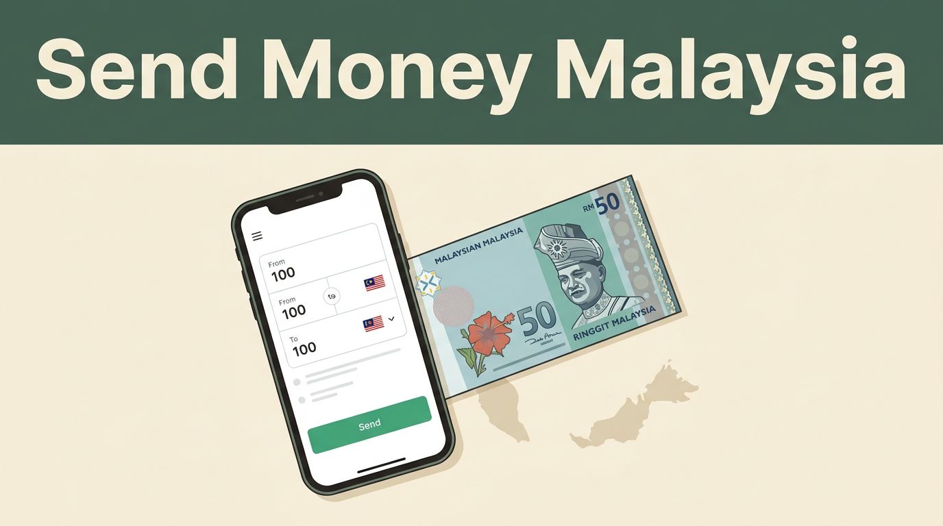 Smartphone displaying a money transfer screen beside Malaysian currency and a map on a cream background.