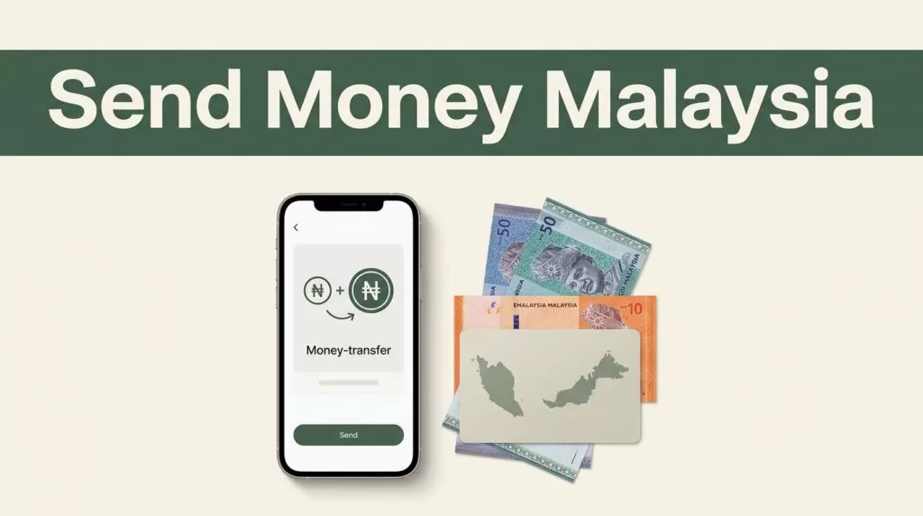 A smartphone, Malaysian ringgit notes, and a Malaysia map card beneath a green banner.