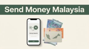 A smartphone, Malaysian ringgit notes, and a Malaysia map card beneath a green banner.