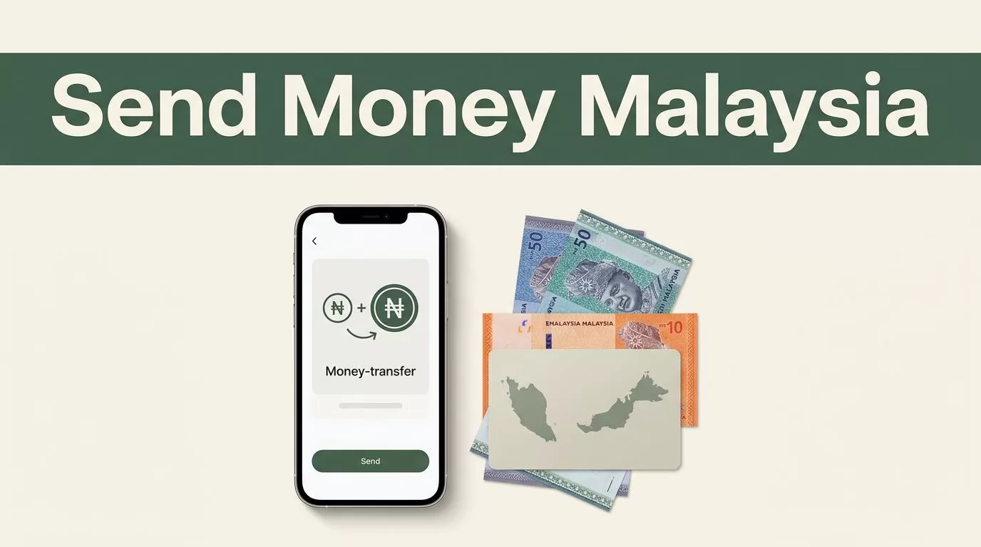 A smartphone, Malaysian ringgit notes, and a Malaysia map card beneath a green banner.
