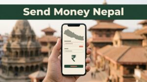 Hand holding a phone with a Nepal money-transfer screen and map silhouette.