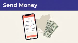 A smartphone shows a money transfer confirmation beside a Nicaragua map and US dollar bills.