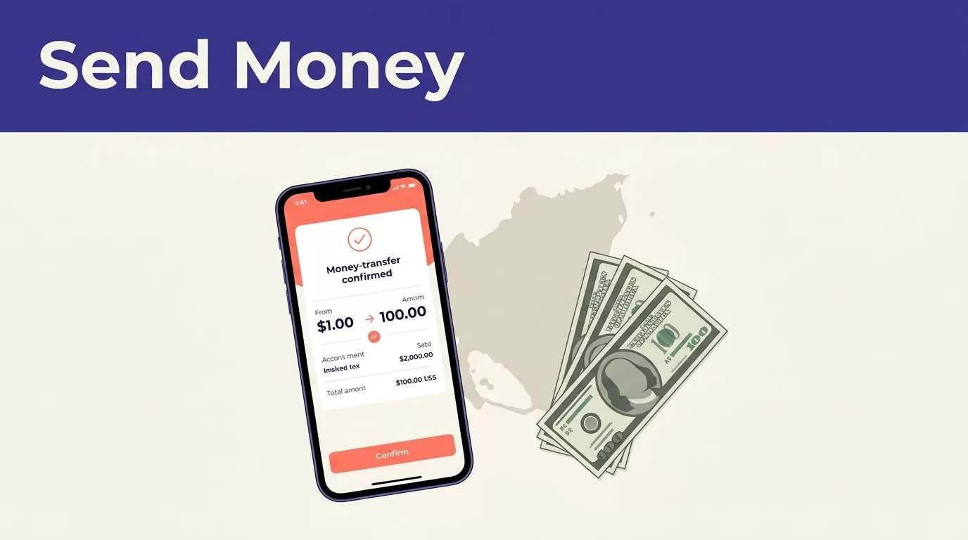 A smartphone shows a money transfer confirmation beside a Nicaragua map and US dollar bills.