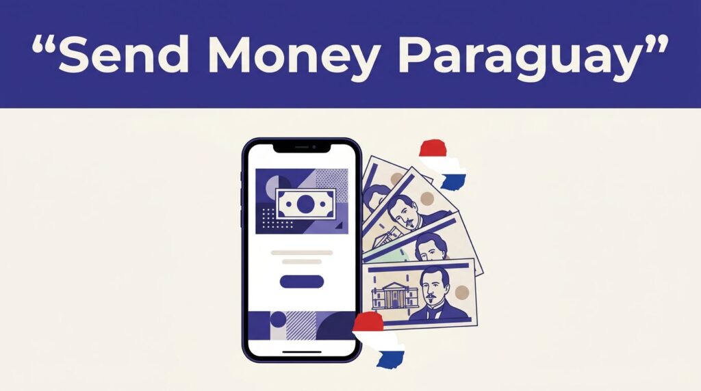 A smartphone and Paraguayan currency beneath a banner reading Send Money Paraguay.