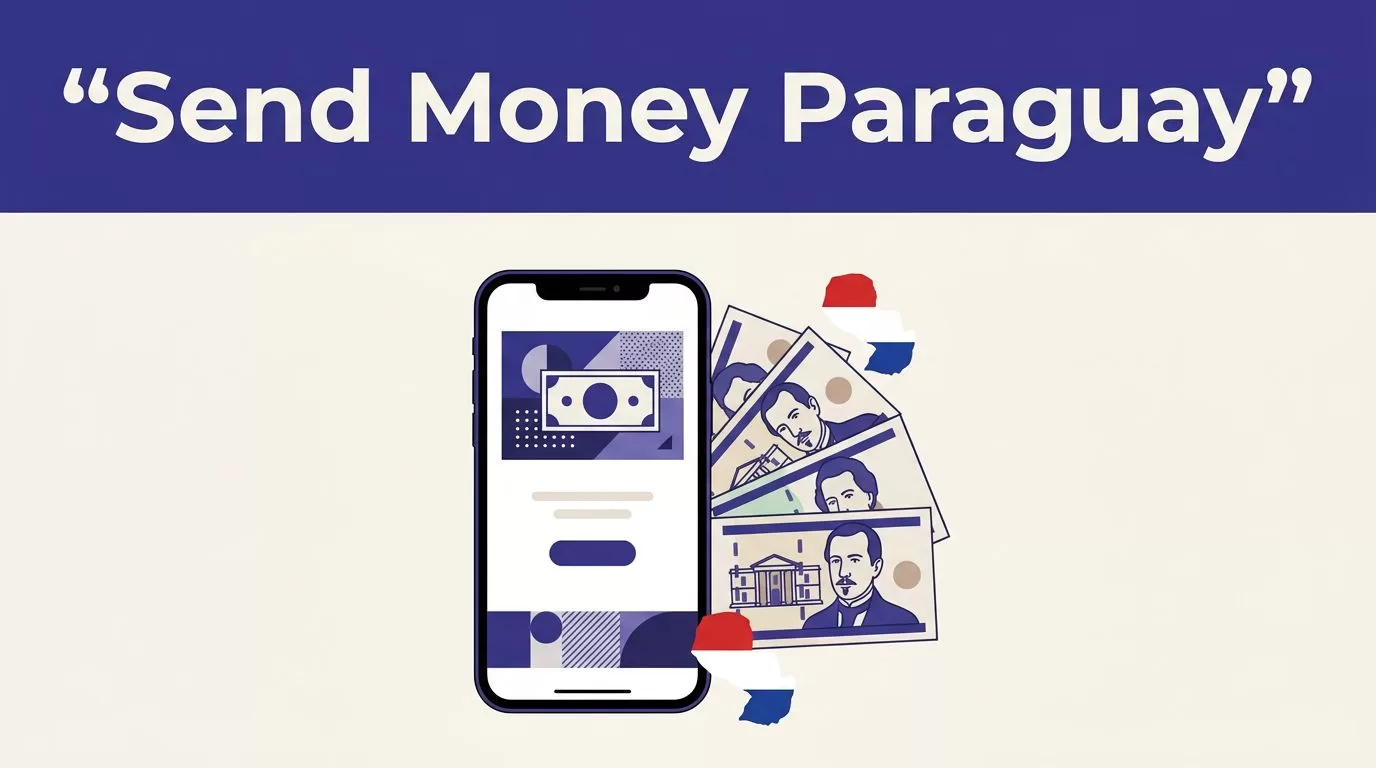 A smartphone and Paraguayan currency beneath a banner reading Send Money Paraguay.