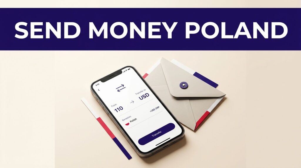 A smartphone and secure envelope beneath a banner reading Send Money Poland.