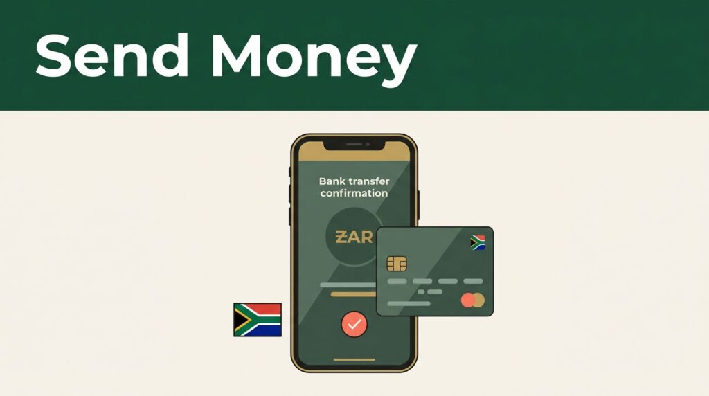 Smartphone showing a bank transfer beside a card and South African flag detail.