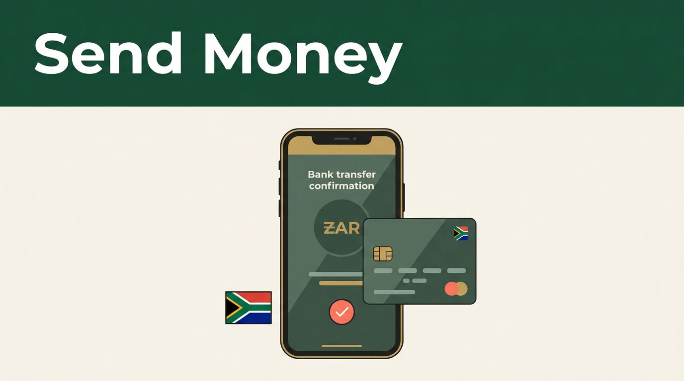 Smartphone showing a bank transfer beside a card and South African flag detail.