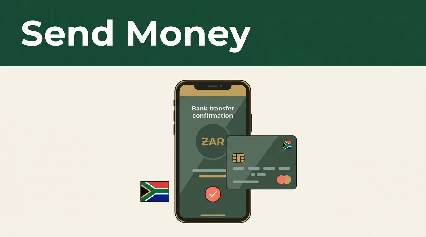 Smartphone showing a bank transfer beside a card and South African flag detail.