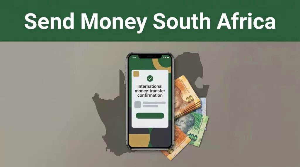 A smartphone, rand banknotes, and South Africa map beneath a green headline band.