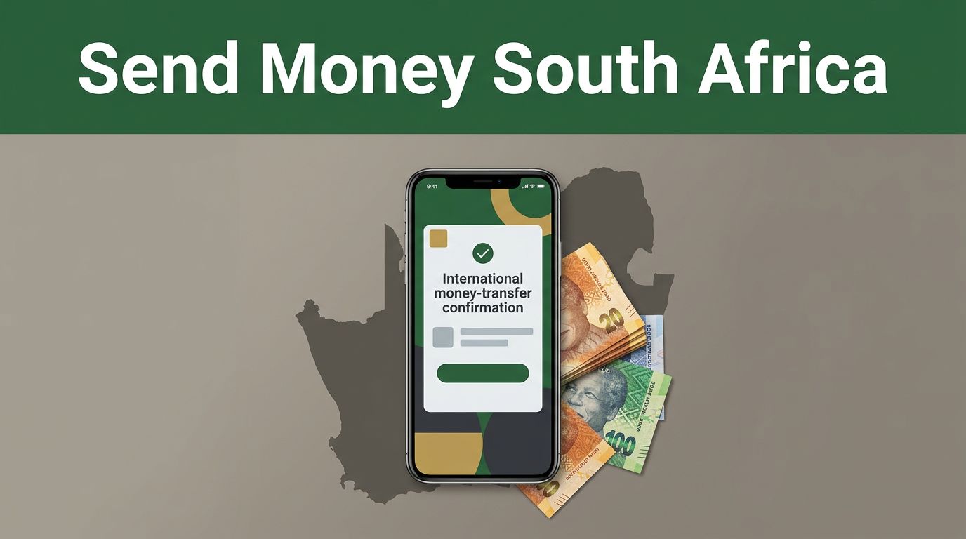 A smartphone, rand banknotes, and South Africa map beneath a green headline band.