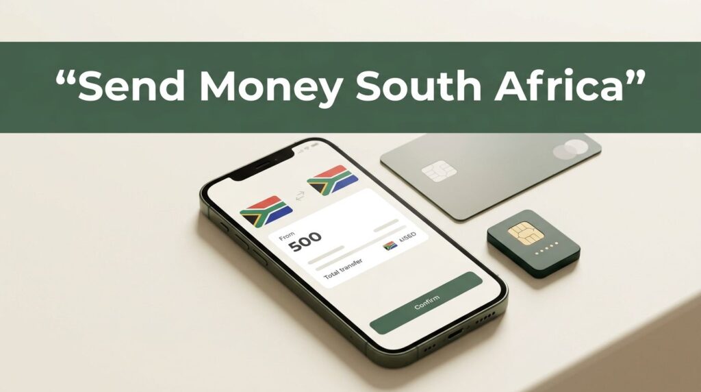 A smartphone with a money-transfer screen beside a bank card and payment token.