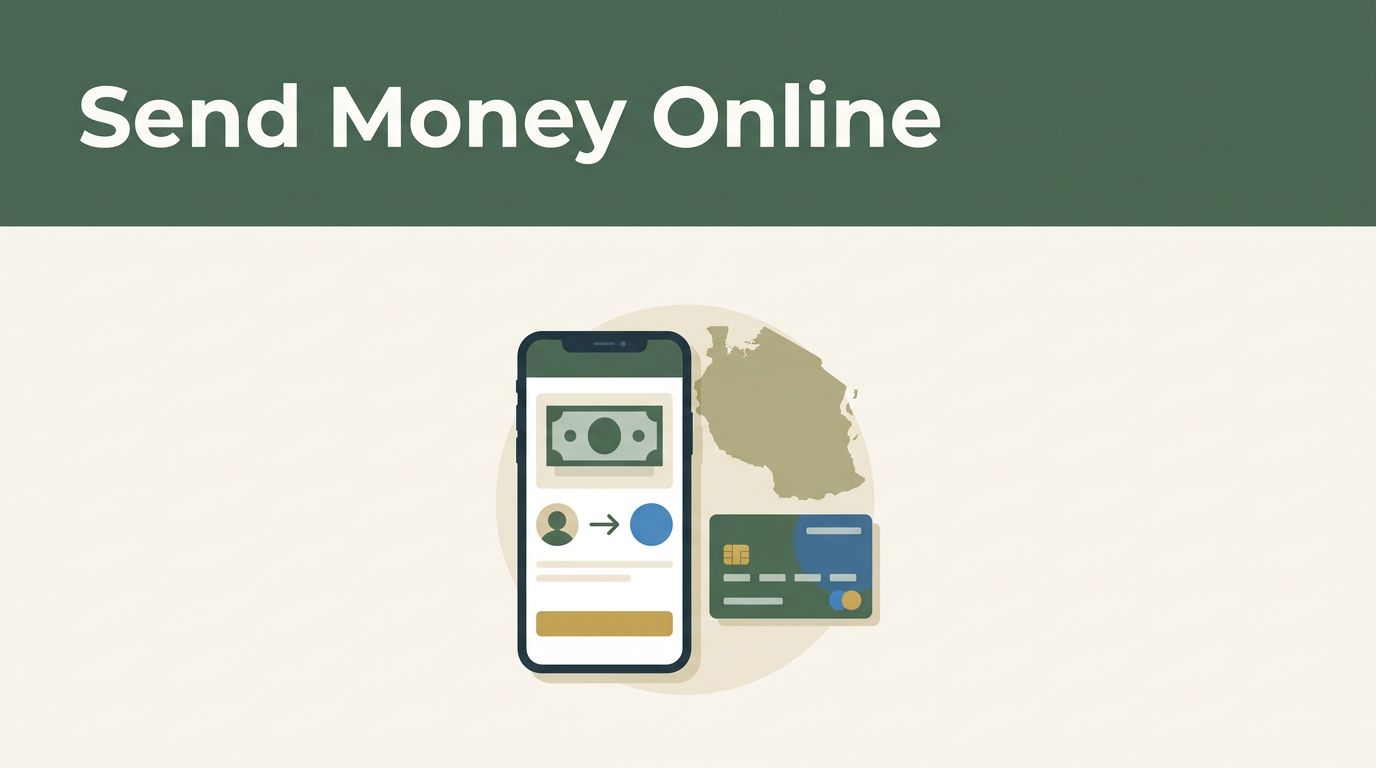 A smartphone transfer screen beside a Tanzania map and payment card.
