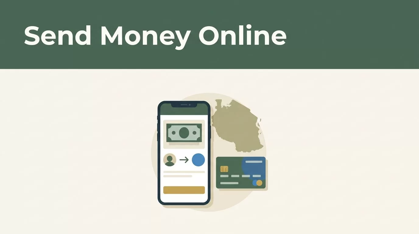 A smartphone transfer screen beside a Tanzania map and payment card.