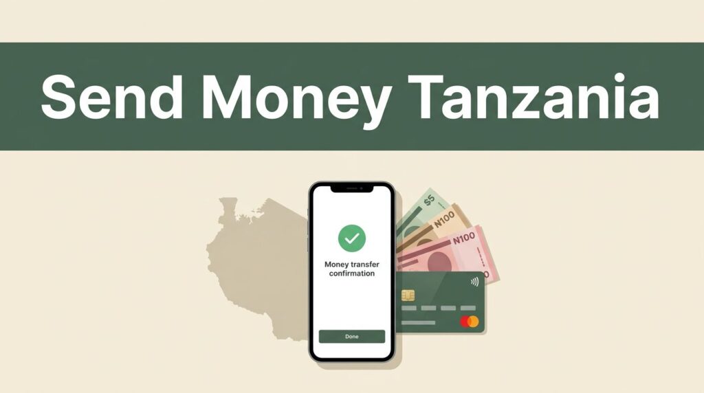 Smartphone showing a money transfer confirmation beside a Tanzania map, cash, and payment card.